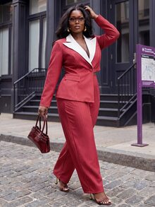 Slaydiva Plus Size Button Asymmetric Hem Long Sleeve Jacket And Striped Pants Suit Set - Red and White - View 6