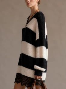 SHEIN Women's Colorblock Casual Daily Knit Dress - Coffee Brown - View 3