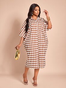 Brilight Houndstooth Print Shirt DressFront Back Twist Knot Loose Midi Dress For Vacation Brunch Casual Stree - Brown - View 3