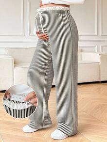 DAZY Celana Panjang Lurus Longgar dengan Motif Garis-Garis Kontras dan Tali Pengikat, Gaya Korea, Kasual untuk Sehari-hari, Liburan, Musim Semi, Musim Gugur, dan Ibu Hamil. - Khaki - View 1