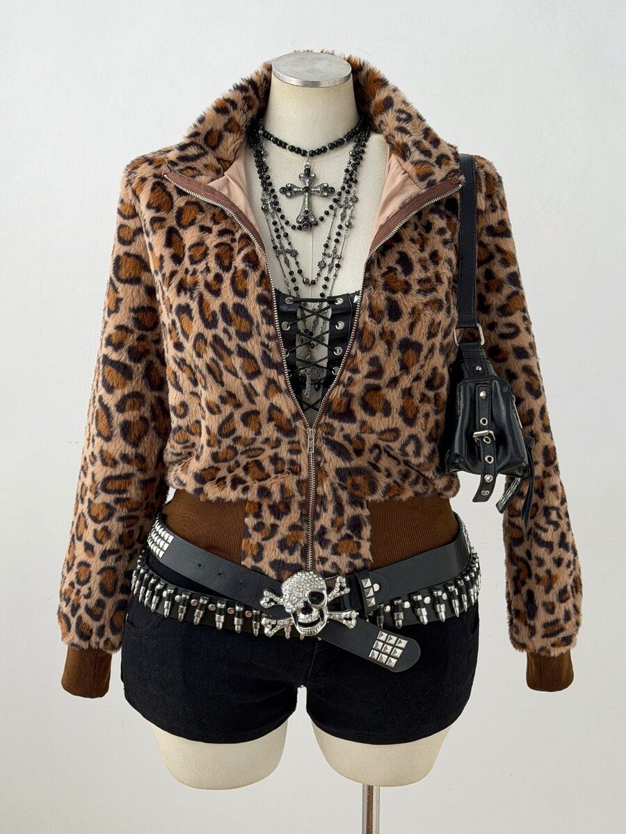 Sunspun Small Stand Collar Leopard Print Plush Short Thick Jacket Winter - Brown - View 1