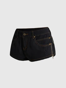 ROMWE Street Life Summer Street Punk Camouflage Contrast Color Slogan Embroidered Mini Denim Shorts - Black - View 5