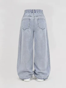 SHEIN Tween Girls' Y2K Cute Shiny Rhinestone Pearl Embellished Denim Jeans, Casual Fit, Loose Wide-Leg Washed Pants School Family Light Blue Summer - Blue - View 2