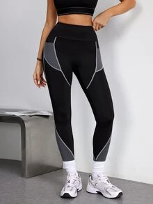 SHEIN Dewbera Women's Colorblock Patchwork High Waist Sports Pants - Black - View 3