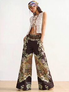 Bohemela Women's High Waist Baggy Wide Leg Floral Leopard Print Patchwork Denim Jeans With Belt Vacation Fall Boho - Multicolor - View 4