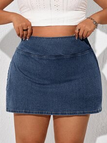 SHEIN EZwear Plus Size Women High Waist Asymmetrical Hem Casual Denim Skorts - Blue - View 3