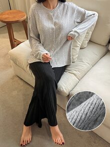 DAZY Women's Solid Color Long Sleeve Top And Pants Casual Daily Homewear Set - Grey - View 4
