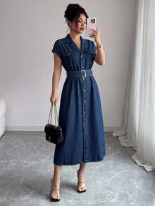 Elenzga Women's Minimalist Button Front Batwing Sleeve Washed Denim Dress - Dark Wash - View 6