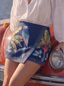 CAJUNI Women's Casual Daily Dress Skirt With Plant And Bird Pattern - Navy Blue - View 7
