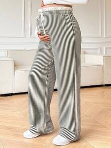 DAZY Celana Panjang Lurus Longgar dengan Motif Garis-Garis Kontras dan Tali Pengikat, Gaya Korea, Kasual untuk Sehari-hari, Liburan, Musim Semi, Musim Gugur, dan Ibu Hamil. - Khaki - View 11
