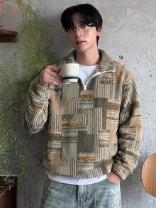 DAZY 秋冬半拉鍊抓絨數位迷彩格紋街頭風男士運動衫 - 棕色 - 查看 8