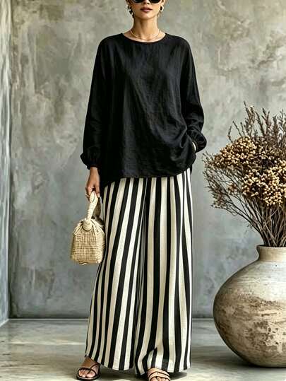SHEIN Bohemian Loose Long Sleeve Top + Striped Draped Wide Leg Pants Slouchy Casual 2 Pieces Set Women's Casual Outfit Women's Outing Outfit Women's Vacation 2 Pieces Set Holiday Outfit