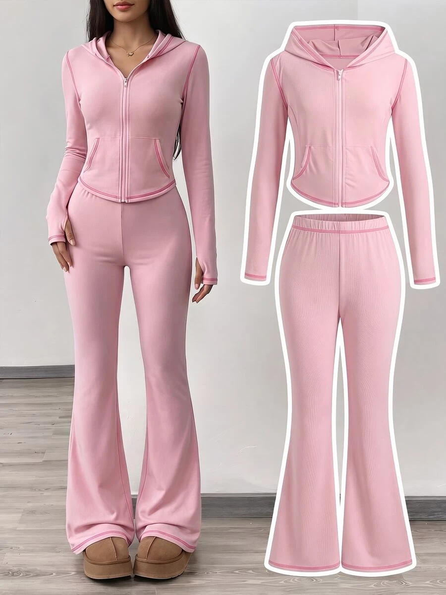 SHEIN Kids Tween Girl Sporty Casual Daily Knit Solid Color Contrast Trim Hooded Cardigan Jacket & Flared Long Pants Set - Pink - View 1