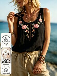 Breezaya 女款花卉刺繡圓領休閒鄉村風波希米亞百搭無袖上衣 度假黑色花卉夏季沙灘 - 黑色 - 查看 3