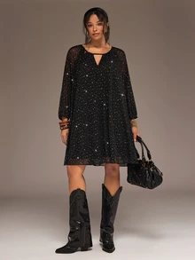 Freevana Plus Size Elegant Black Sheer Mesh Sparkly Rhinestone V Neck Long Sleeve Flowy Evening Dress - Black - View 6