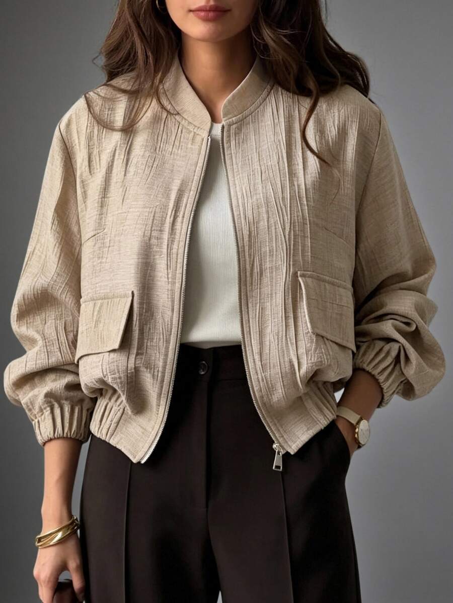 Linhara CURVE Plus Size Women's Solid Color Textured Casual Jacket With Pockets, New Autumn Jacket - Khaki - View 1