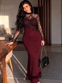 Modelyn فستان مقاس كبير مع ضيق الخصر، قماش صوف مستقيم مع دانتيل متباين على اللوحة الأمامية والأكمام، أسلوب كاجوال أنيق، مناسب للارتداء اليومي والتجمعات في الربيع/الصيف - عنابي اللون - مشاهدة 1