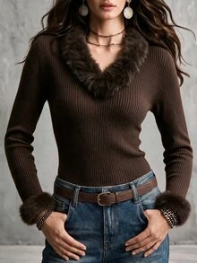 SHEIN Vintage Deep V-Neck Fuzzy Collar Knit Top, Furry Sleeve Patchwork Ribbed Long Sleeve Sexy Base Layer Sweater - Brown - View 7