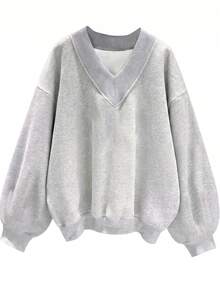 SHEIN EZwear 休閒極簡風大尺碼女款灰色V領寬鬆大版厚實運動衫，適合秋冬穿著 - 淺灰色 - 查看 1