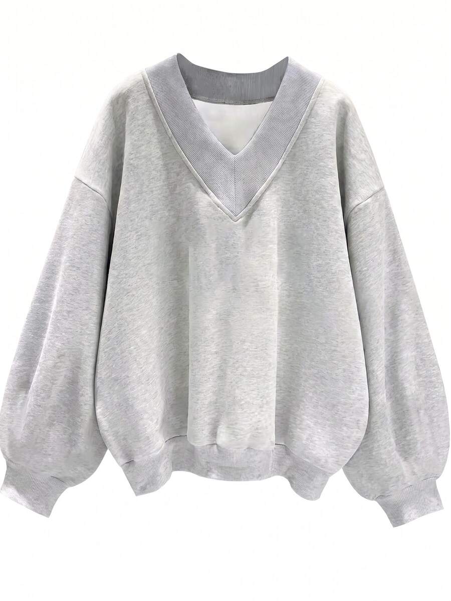 SHEIN EZwear 休閒極簡風大尺碼女款灰色V領寬鬆大版厚實運動衫,適合秋冬穿著 - 淺灰色 - 查看 1