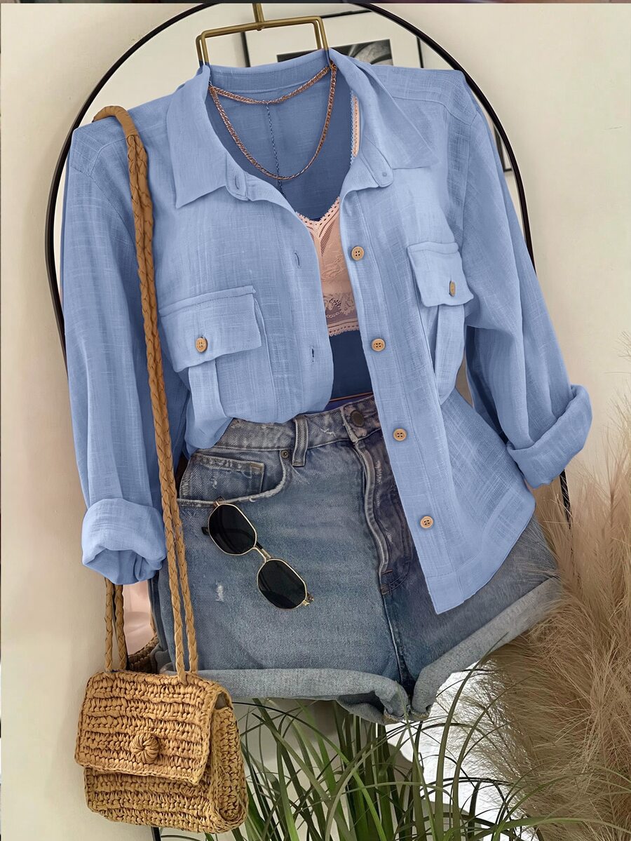 Franclia Women's Single-Breasted Casual Versatile Daily Long Sleeve Shirt - Blue - View 1