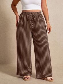 Elaquor Plus Size Women's Striped Casual Daily Wear Long Pants - Coffee Brown - View 4