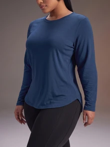 Powerista Kaos Lengan Panjang Kasual Wanita Ukuran Plus Warna Biru Tua Polos dengan Panel Jala di Belakang dan Leher Bulat, Atasan Olahraga Bernapas, Pakaian Aktif, Kain Bernapas, Musim Gugur - Navy Blue - View 3