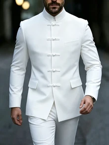 Manfinity Homme Men's Mature Casual Solid Color Plus Size Blazer, Best Choice For Holiday Gift - White - View 5