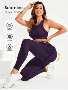 SHEIN Sports 女款短版背心與緊身褲無縫高彈性運動套裝 - 紫色 - 查看 1