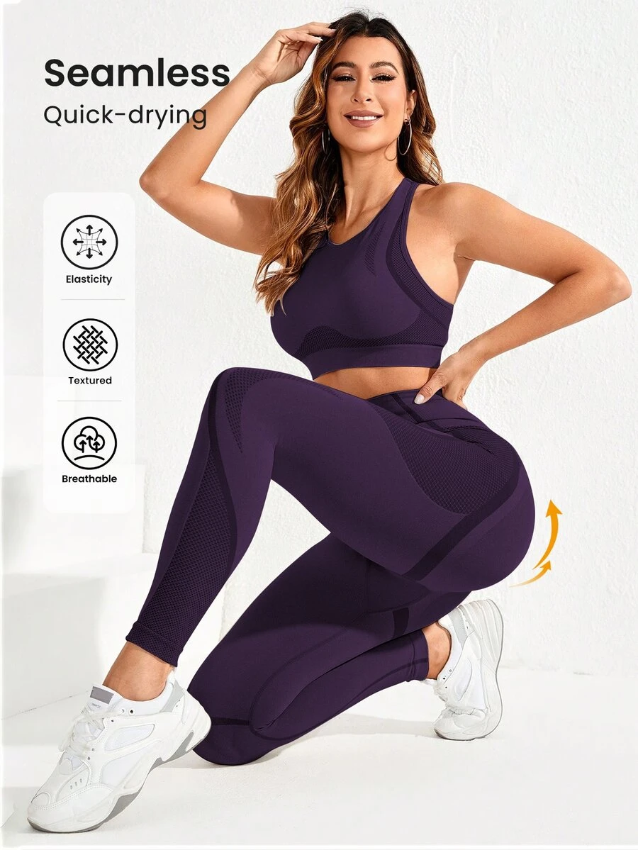 SHEIN Sports 女款短版背心與緊身褲無縫高彈性運動套裝 - 紫色 - 查看 1