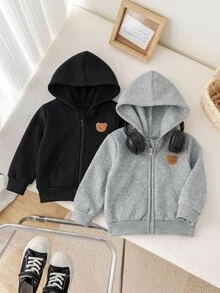 SHEIN 2件組嬰兒男孩女孩可愛百搭極簡純色連帽外套 灰色連帽衫與黑色連帽衫 秋冬適用 - 彩色 - 查看 6