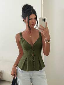 Aloruh Women's Elegant Casual Commute Top Lace Trim Patchwork Solid Color Sleeveless Blouse Summer - Army Green - View 7