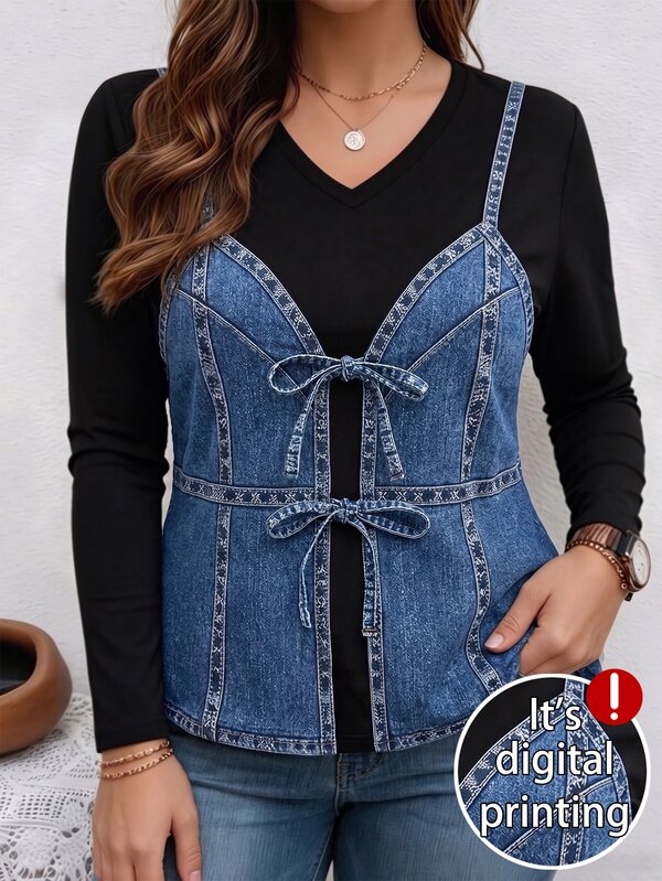 SHEIN LUNE CURVE Plus Size Women's Knit Regular Fit Autumn/Winter European & American Style Vintage Casual Commute V-Neck Digital Print Washed Denim Bowknot Tie-Up T-Shirt
