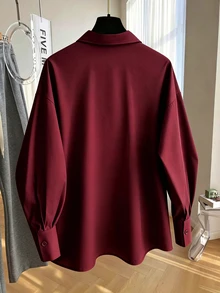 GlowEve CURVE Women's Solid Color Casual Loose Long Sleeve Shirt, Suitable For Daily Casual, Commuting, Office Fall - Burgundy - View 2