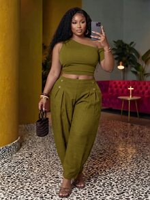 Zivah 2026 Spring/Summer Women's Plus Size New Bold, Classy Feminine Style Tummy Control Fit Breathable Lightweight Elegant Romantic Classic Brown Button Cuffed Pants - Green - View 5