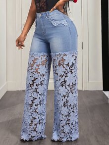 Slaydiva Celana Jeans Wanita Model Lurus Elegan dengan Saku dan Renda Kontras - Biru - View 7