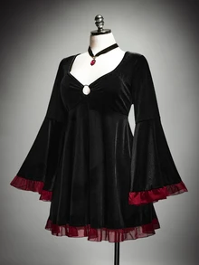 SHEIN ICON Plus-Size Y2K Gothic Retro Dress Featuring A Chest Cutout, Flared Sleeves, And Contrasting Ruffles; Halloween Dress; Witch Costume. Fall - Black - View 8