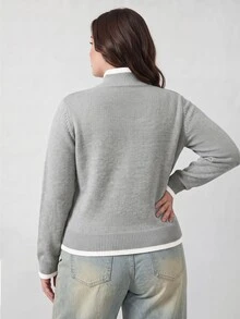Solavibe Cardigan Wanita Ukuran Plus Motif Blok Warna Kasual Tradisional Serbaguna untuk Sehari-hari, Kantor Formal, Abu-abu, Musim Semi - Grey - View 2