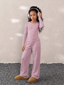 青少年女孩秋冬款 棕色條紋圓領長袖T恤與寬鬆直筒長褲 兩件套服裝 - 粉色 - 查看 5