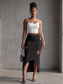 BamGlimmer Women's Cutout Design Asymmetrical Hem Knit Design Skirt - Black - View 7