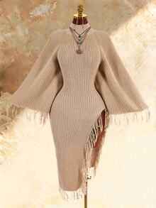 Amplova Women's Vintage Elegant Fashion Fringe Hem Split Sweater Dress Dinner Cocktail Party Tan Autumn - Apricot - View 2