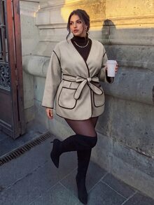 Firerie Plus Size Women's Piped Trim Dropped Shoulder Long Sleeve Casual Wool Blend Jacket - Khaki - View 6
