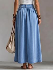 LUMIGAL Women's Fashion Streetwear Pocket Button Denim Skirt - Blue - View 8