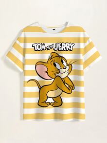 TOM & JERRY X SHEIN 大尺碼卡通印花條紋圓領T恤 - 白色 - 查看 7