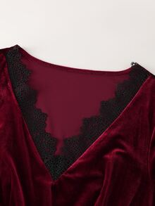 LUMIGAL Gaun Panjang Wanita Berwarna Hitam dengan Hiasan Renda dan Patchwork Beludru Merah Anggur - Burgundy - View 3