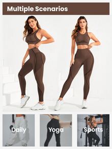 SHEIN Sports 女款拼色上衣與高腰緊身無縫高彈力運動套裝 - 棕色 - 查看 5