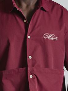 Short Sleeve Boxy Shirt Front Pocket Detail "Musero"Chest Embroidery Autum Winter Essentials - Burgundy - View 6