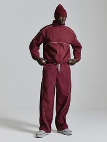 Musero Straight Leg Track Pants Elasticated Waist Binding Detail Co Ord Joggers Only Autum Winter Essentials - Burgundy - View 1
