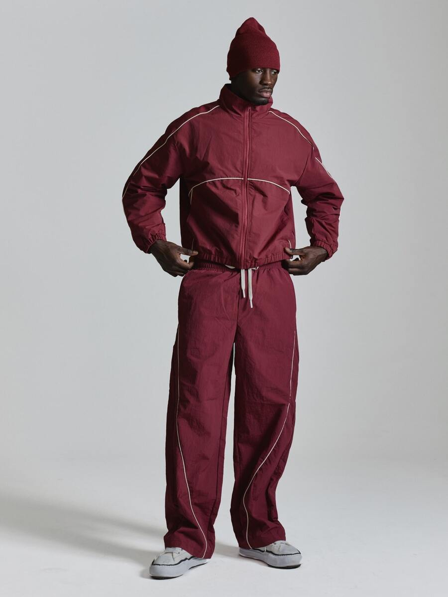 Musero Straight Leg Track Pants Elasticated Waist Binding Detail Co Ord Joggers Only Autum Winter Essentials - Burgundy - View 1