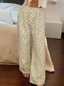 DAZY Sweet Ditsy Floral Long Straight Leg Pajama Pants, Summer Women's Loungewear Bottoms Fall - White - View 5
